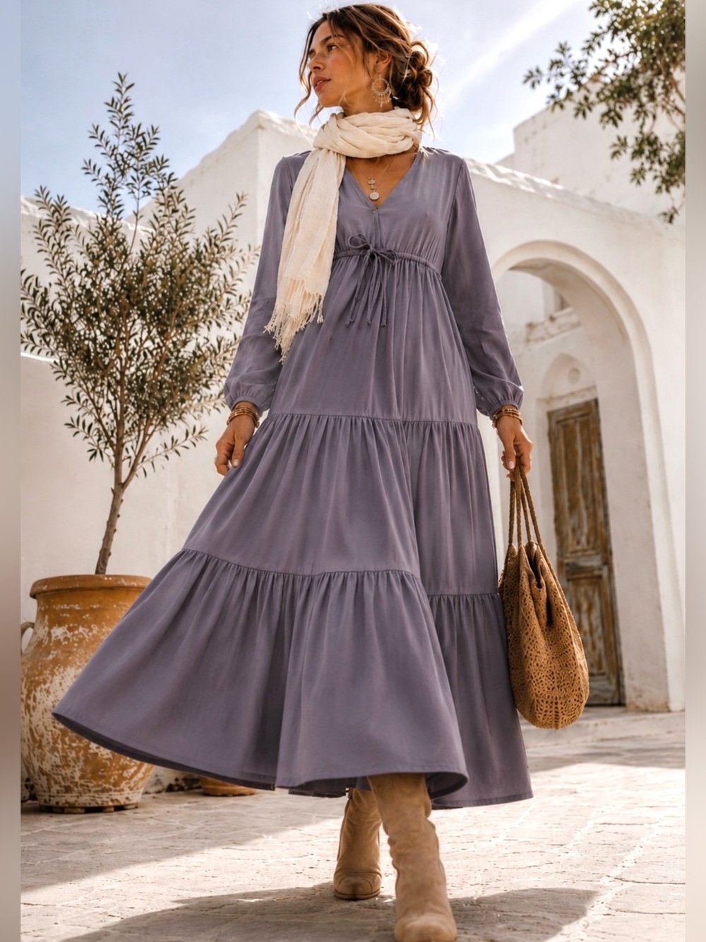 Organic Viscose Boho Maxi Dress Gray Tiered V Neck Adjustable Empire Waist M